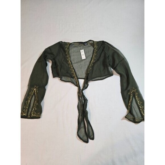 Olive Green Silk Chiffon top, cropped tie front by Magazine Size L New - Picture 2 of 13